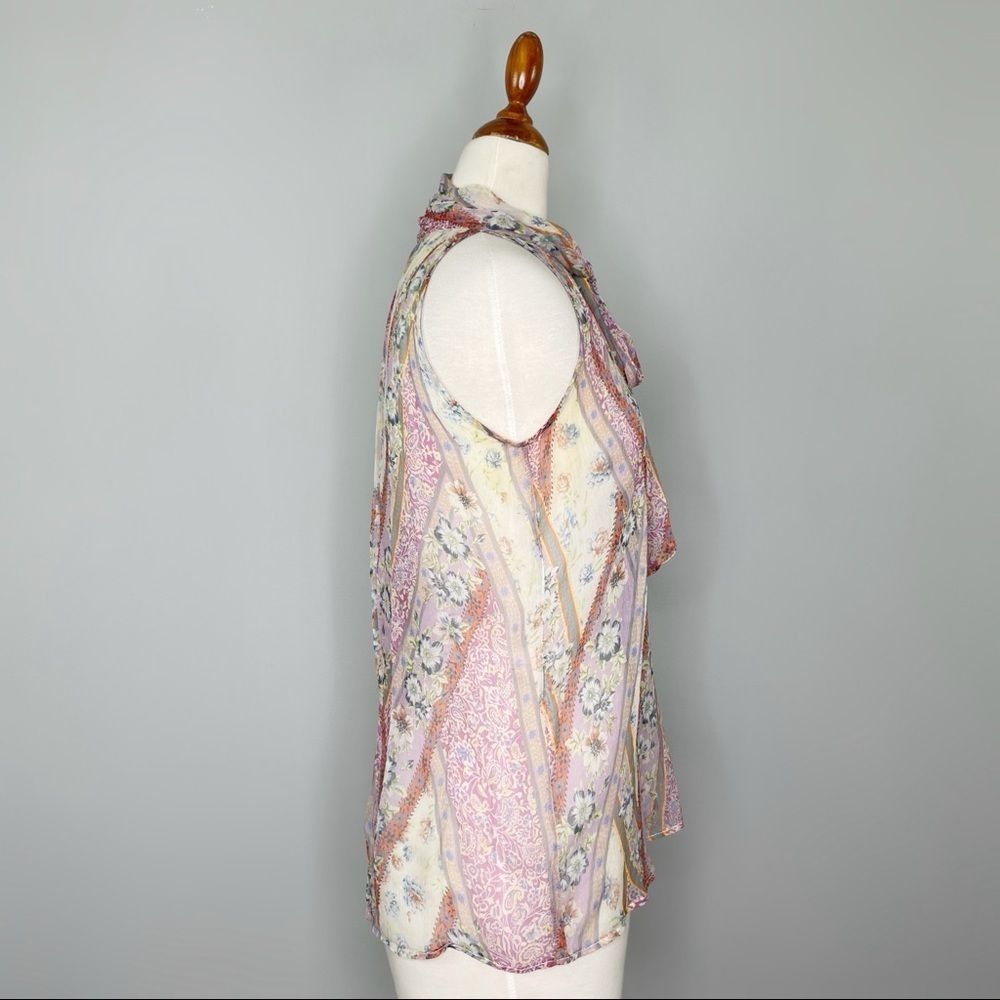 DREW Silk chiffon Multicolor Paisley Pussy Bow Tie Neck Snap Back Tank Size XS - Picture 7 of 10